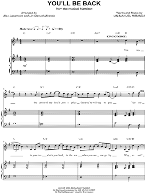 You'll Be Back from Hamilton: An American Musical - Sheet Music